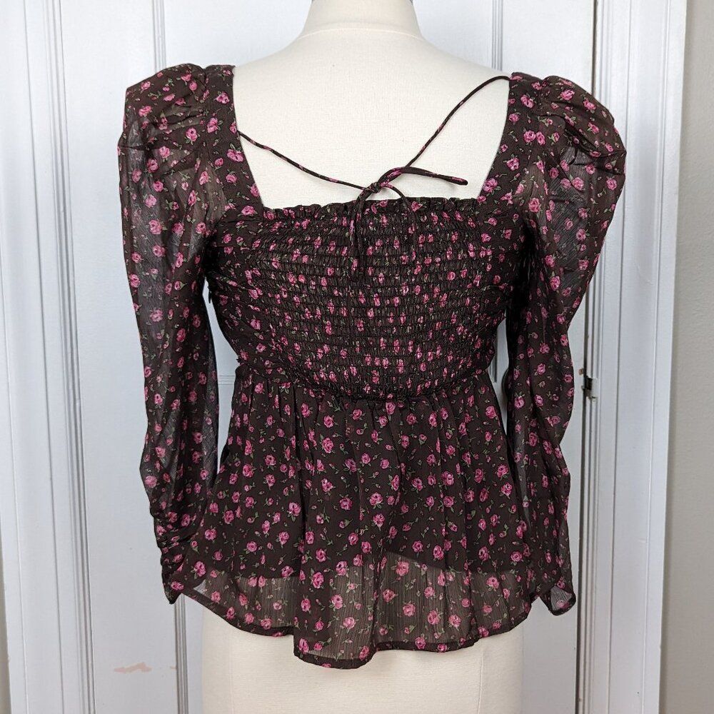 ASTR the Label Floral Print Smocked Babydoll Top in Brown Pink Ditsy - Picture 6 of 9